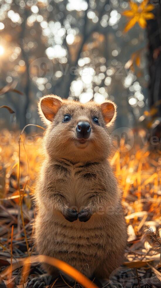 Golden Hour Gaze. A Quokka Amidst Autumn Leaves photo