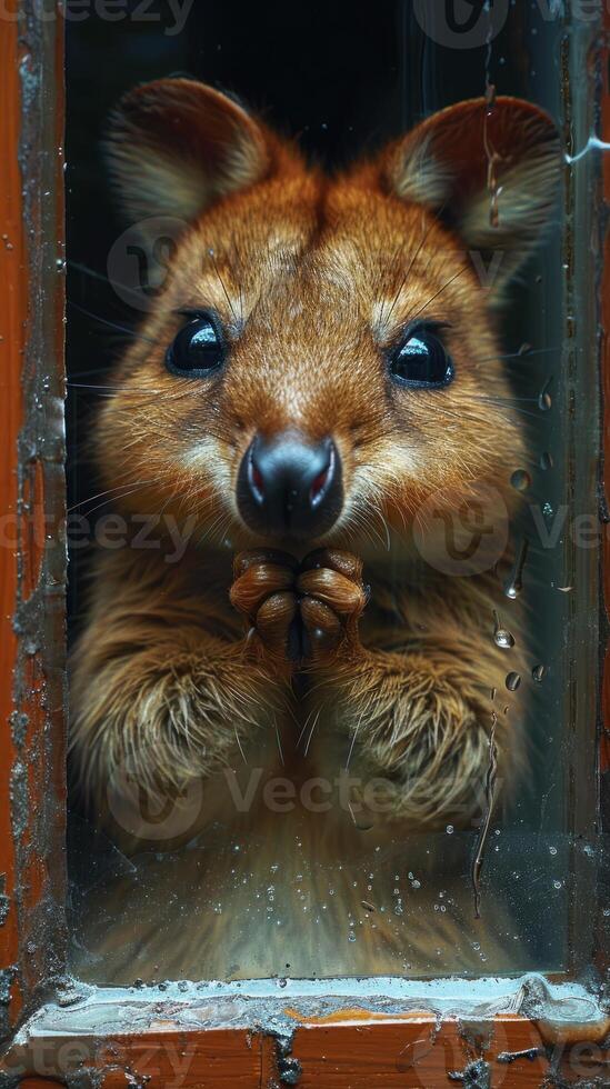 Curious Eyes. A Whimsical Glimpse of a Furry Friend Behind the Glass photo