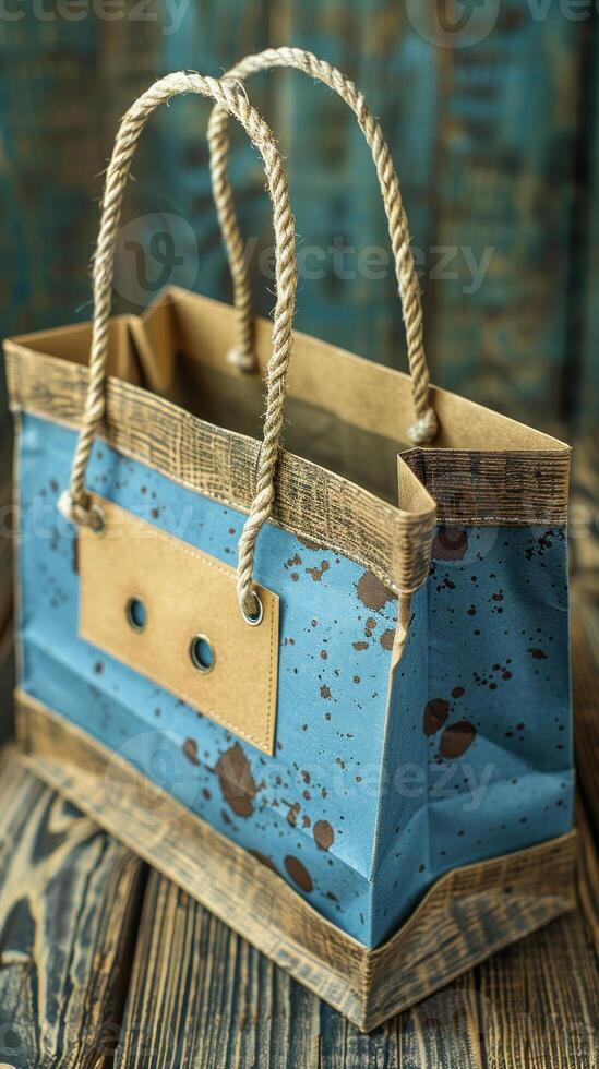 Rustic Shopping Bag on a Wooden Surface with Artistic Shadows photo