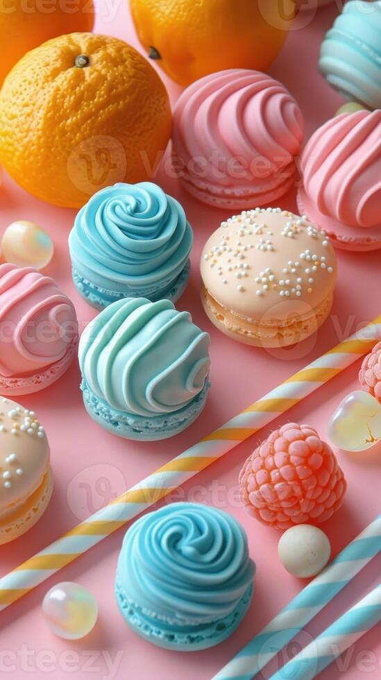 Colorful Array of Macarons and Fruits on a Pink Background photo