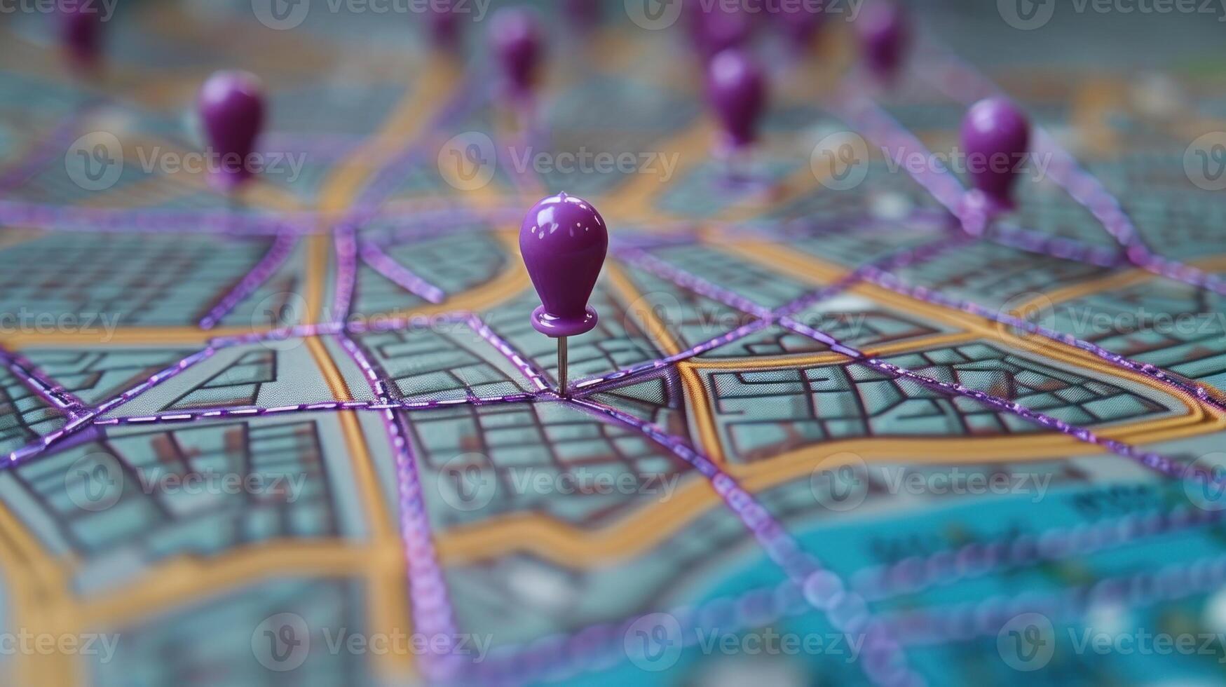 Navigating the Urban Jungle. A Close-Up of Purple Pins on a City Map photo