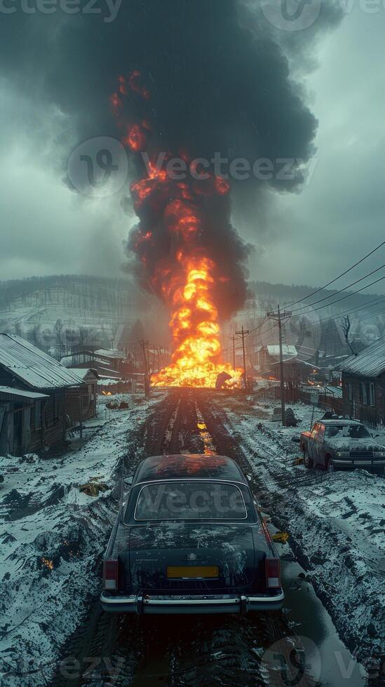 Fiery Eruption Amidst a Snowy Village. A Contrast of Fire and Ice photo