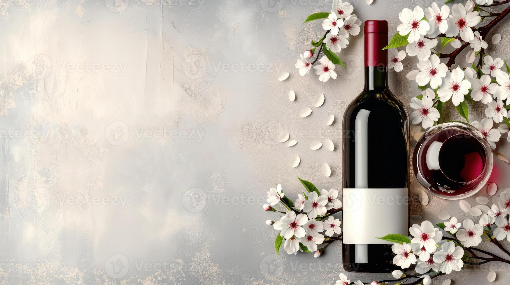 Elegant Wine Presentation Amidst Blossoms and Spices photo