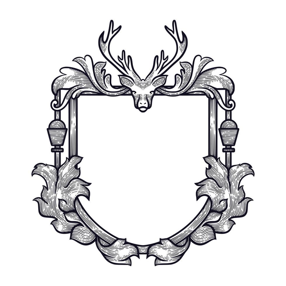 vintage frame. Baroque intricate ornament line art decoration with deer character vector