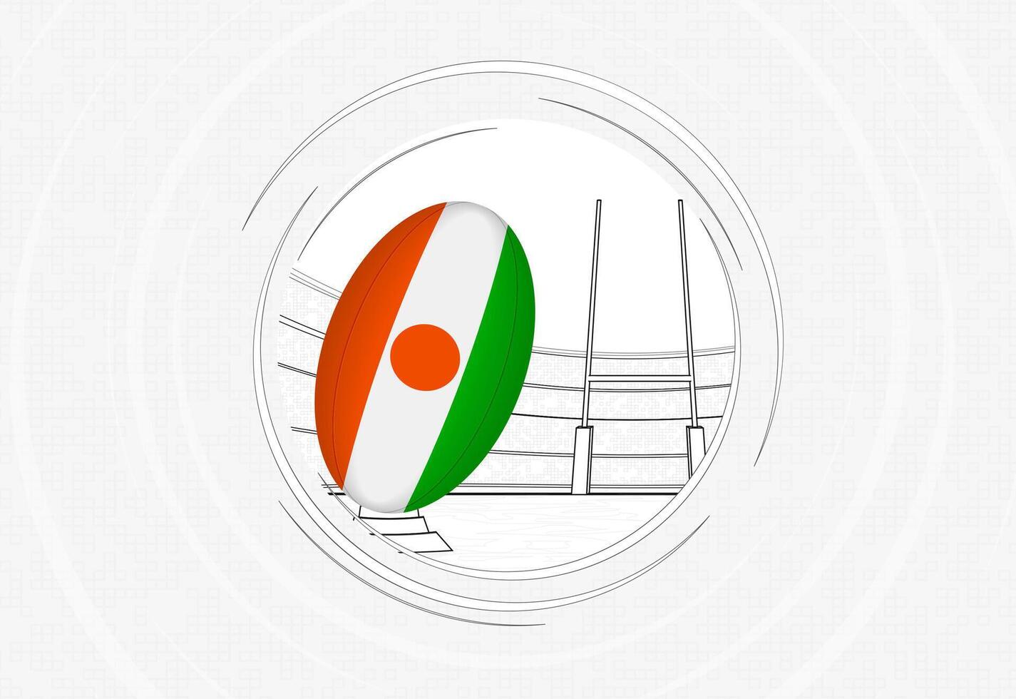 Niger flag on rugby ball, lined circle rugby icon with ball in a crowded stadium. vector