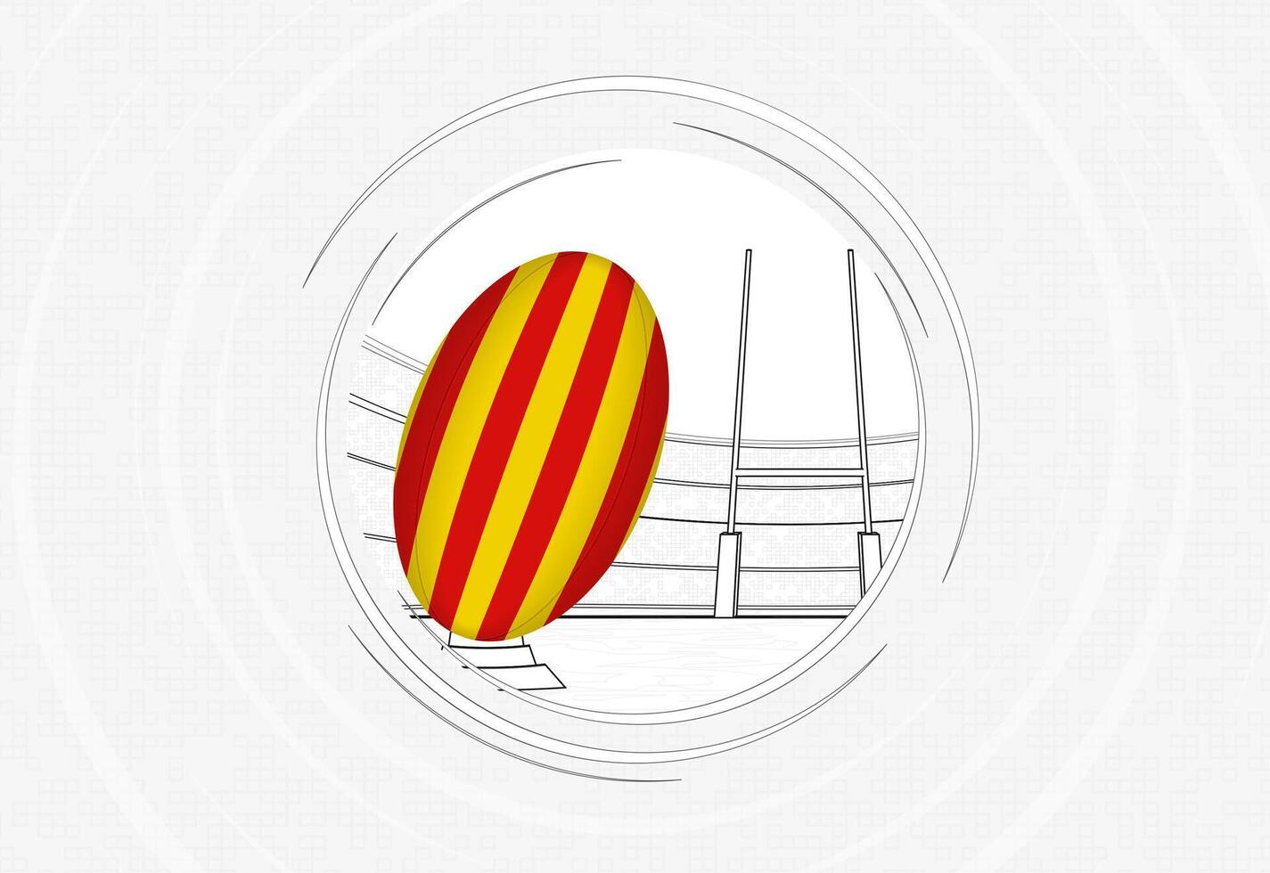 Catalonia flag on rugby ball, lined circle rugby icon with ball in a crowded stadium. vector