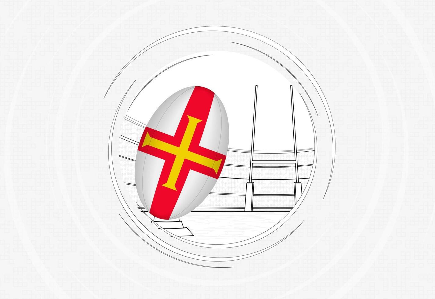 Guernsey flag on rugby ball, lined circle rugby icon with ball in a crowded stadium. vector