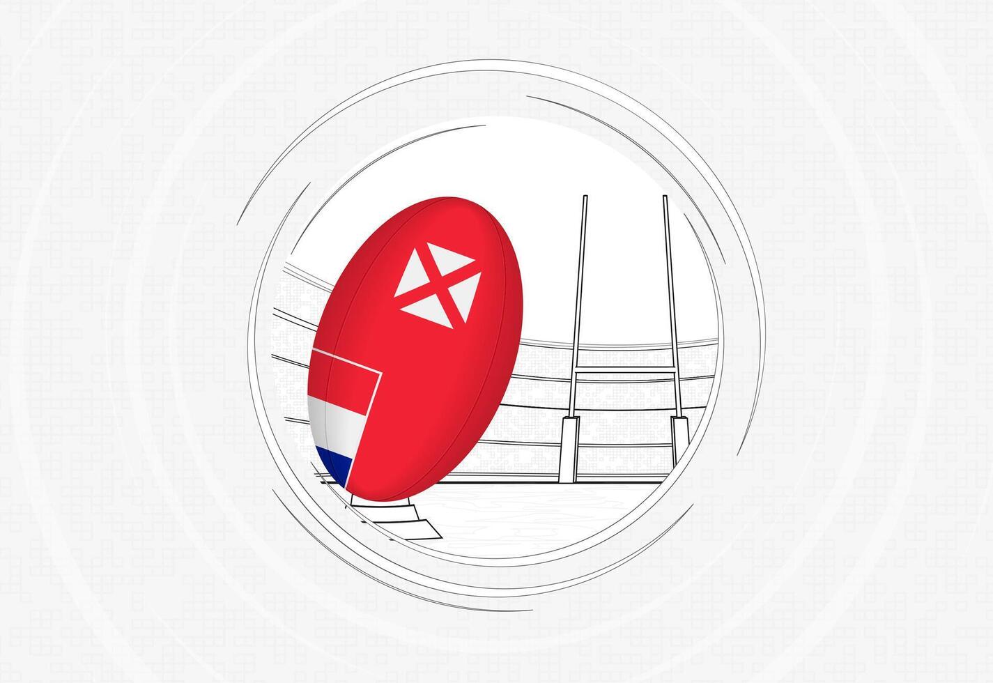 Wallis and Futuna flag on rugby ball, lined circle rugby icon with ball in a crowded stadium. vector