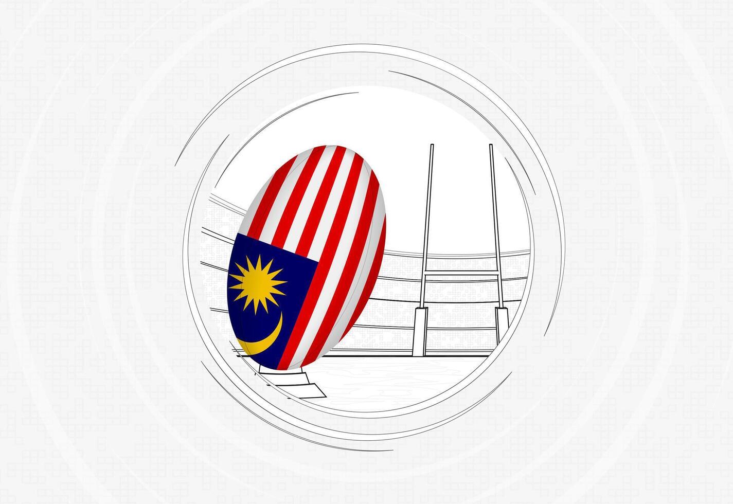 Malaysia flag on rugby ball, lined circle rugby icon with ball in a crowded stadium. vector