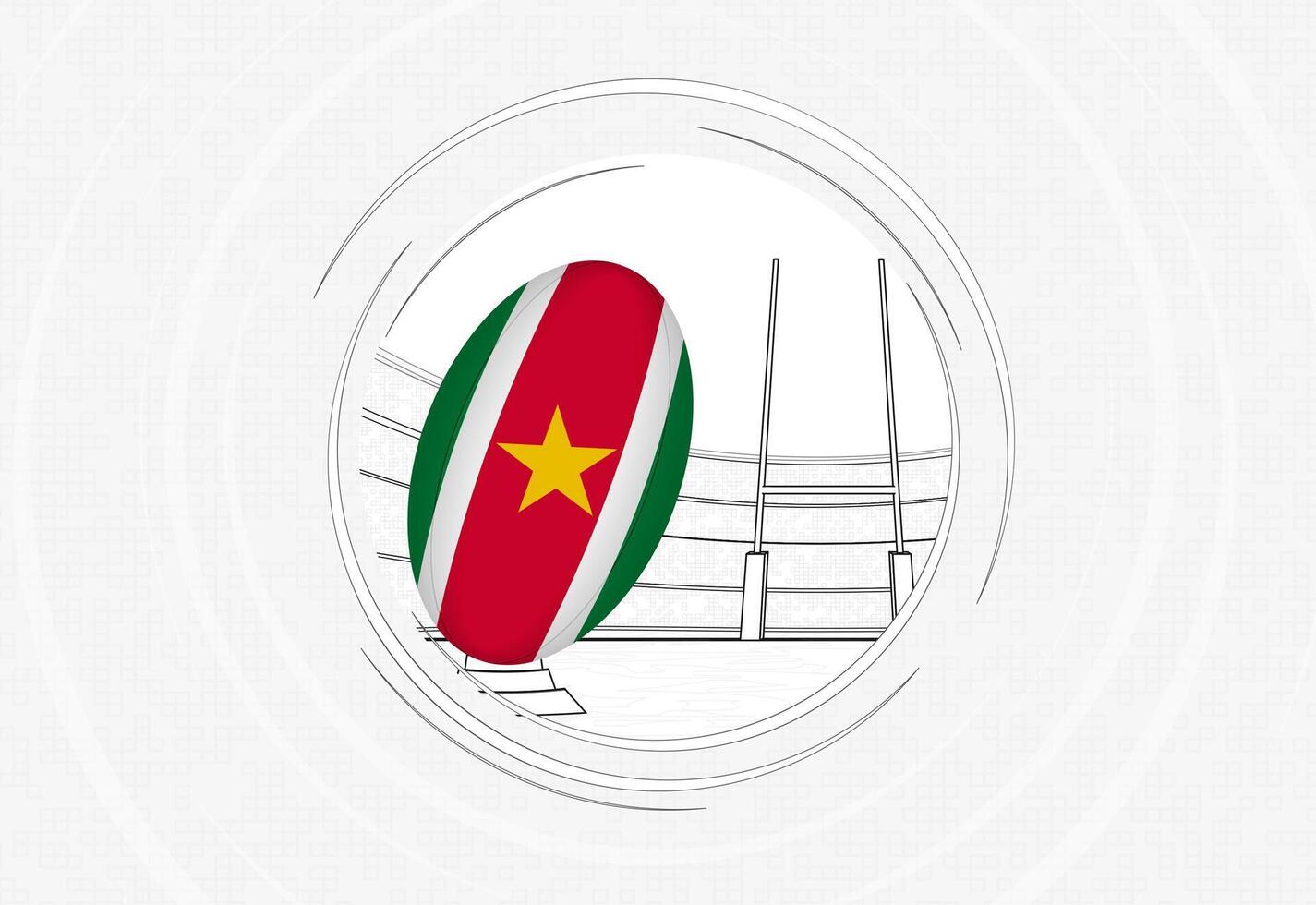 Suriname flag on rugby ball, lined circle rugby icon with ball in a crowded stadium. vector