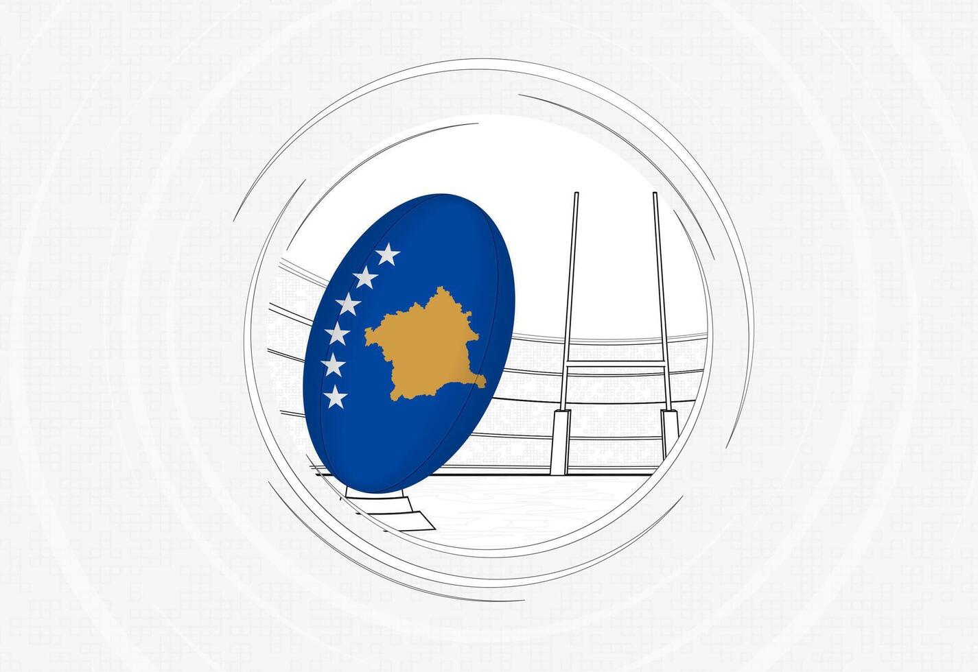 Kosovo flag on rugby ball, lined circle rugby icon with ball in a crowded stadium. vector