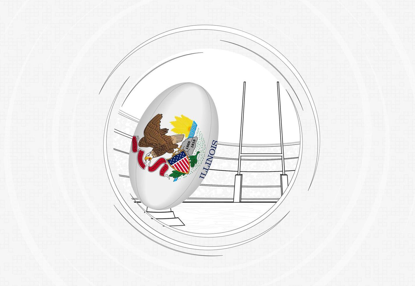 Illinois flag on rugby ball, lined circle rugby icon with ball in a crowded stadium. vector
