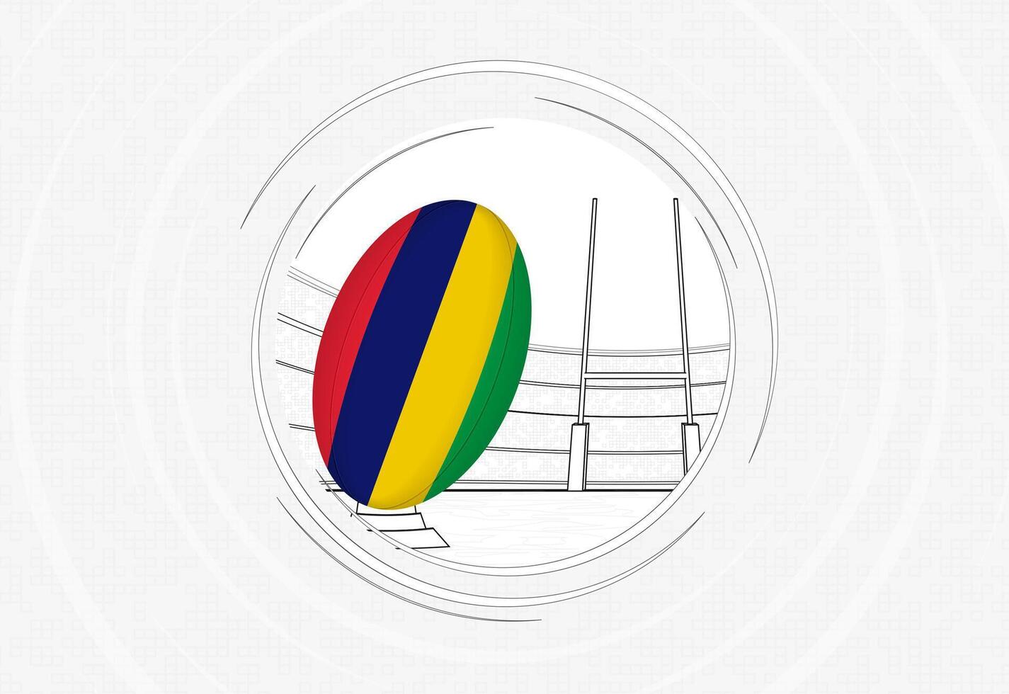 Mauritius flag on rugby ball, lined circle rugby icon with ball in a crowded stadium. vector