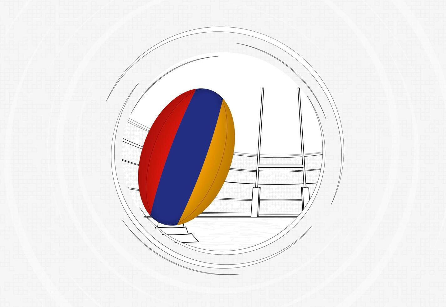 Armenia flag on rugby ball, lined circle rugby icon with ball in a crowded stadium. vector