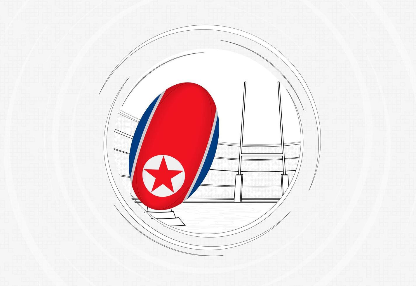 North Korea flag on rugby ball, lined circle rugby icon with ball in a crowded stadium. vector
