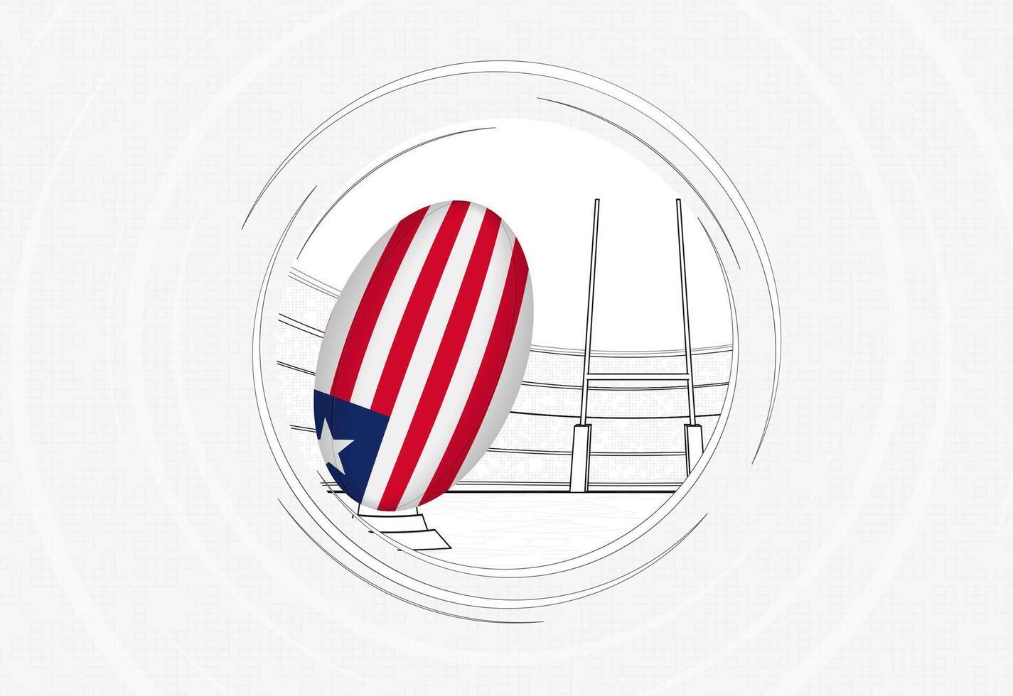 Liberia flag on rugby ball, lined circle rugby icon with ball in a crowded stadium. vector