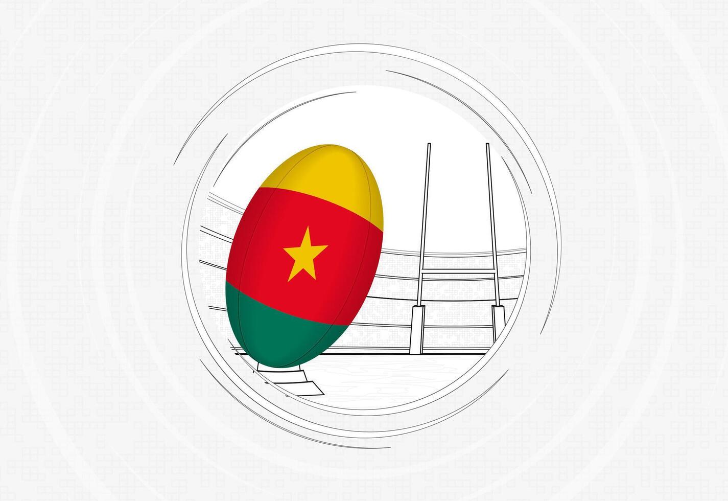 Cameroon flag on rugby ball, lined circle rugby icon with ball in a crowded stadium. vector