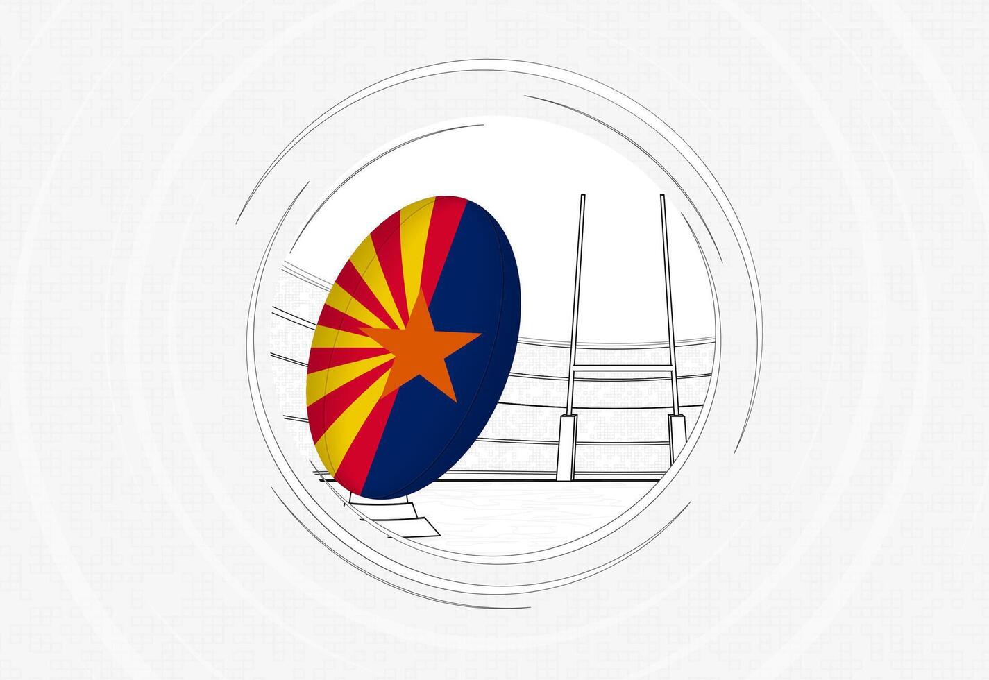 Arizona flag on rugby ball, lined circle rugby icon with ball in a crowded stadium. vector