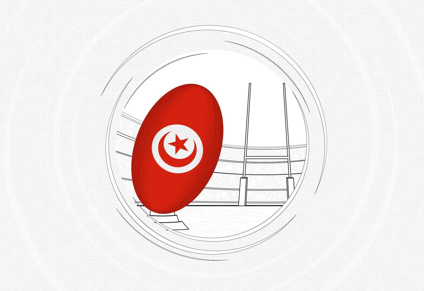 Tunisia flag on rugby ball, lined circle rugby icon with ball in a crowded stadium. vector