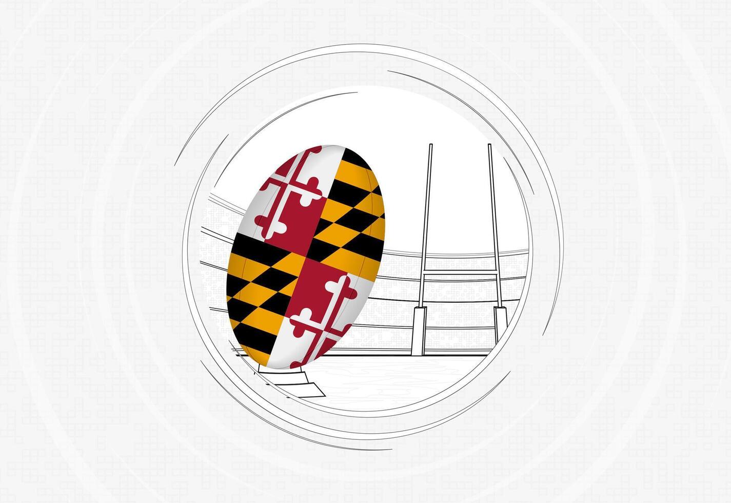 Maryland flag on rugby ball, lined circle rugby icon with ball in a crowded stadium. vector