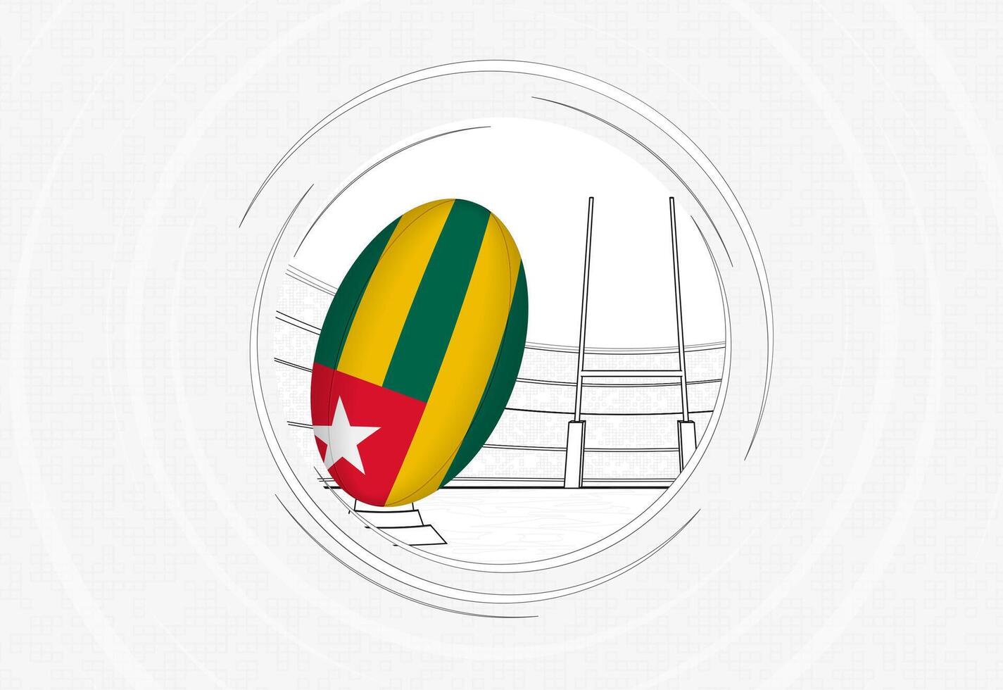 Togo flag on rugby ball, lined circle rugby icon with ball in a crowded stadium. vector