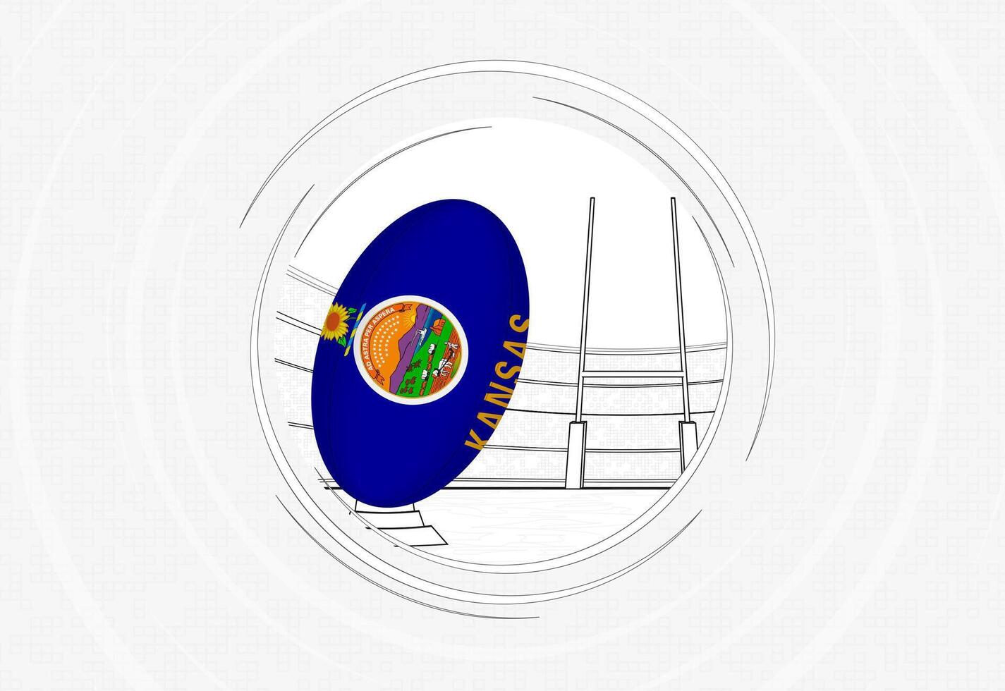Kansas flag on rugby ball, lined circle rugby icon with ball in a crowded stadium. vector