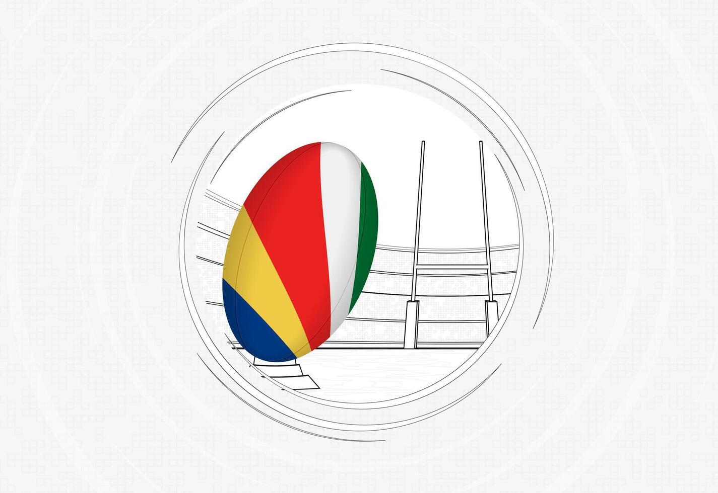 Seychelles flag on rugby ball, lined circle rugby icon with ball in a crowded stadium. vector