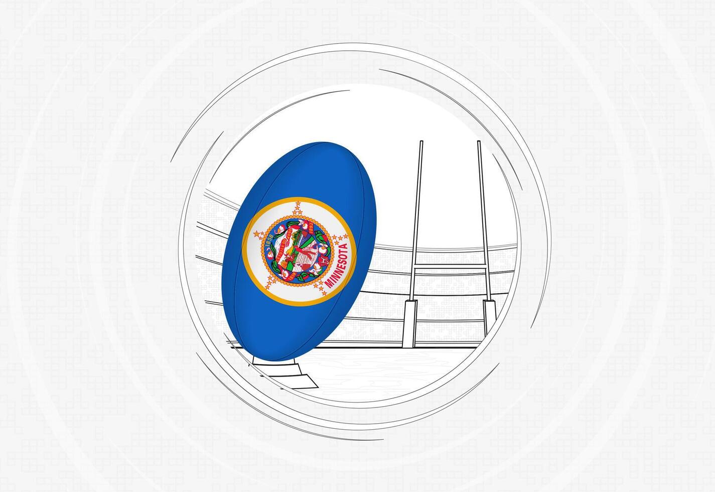 Minnesota flag on rugby ball, lined circle rugby icon with ball in a crowded stadium. vector