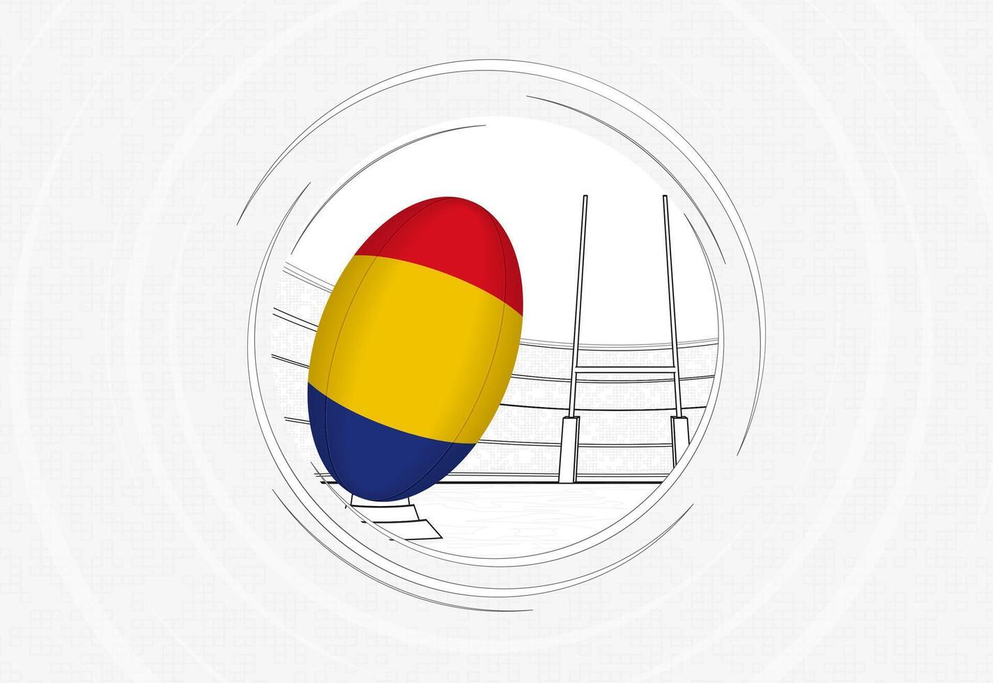 Romania flag on rugby ball, lined circle rugby icon with ball in a crowded stadium. vector