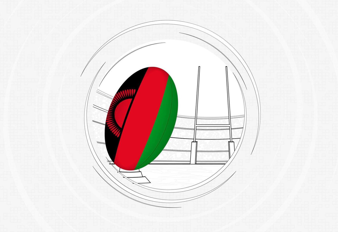 Malawi flag on rugby ball, lined circle rugby icon with ball in a crowded stadium. vector