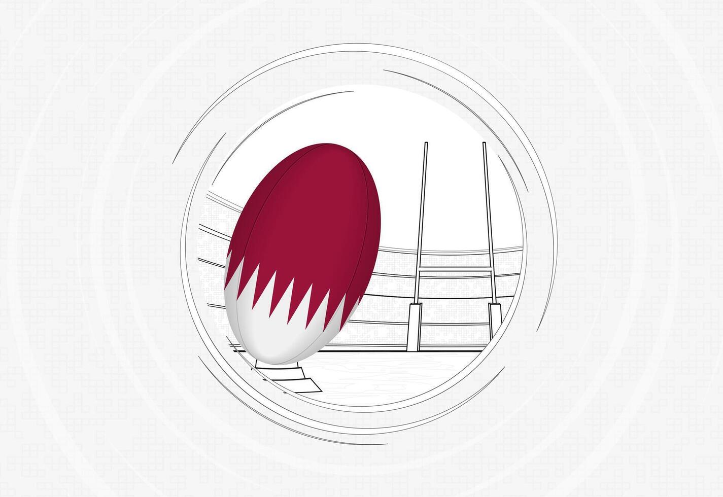 Qatar flag on rugby ball, lined circle rugby icon with ball in a crowded stadium. vector