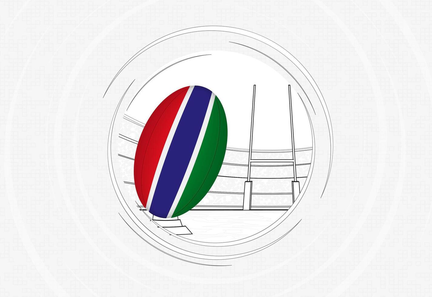 Gambia flag on rugby ball, lined circle rugby icon with ball in a crowded stadium. vector