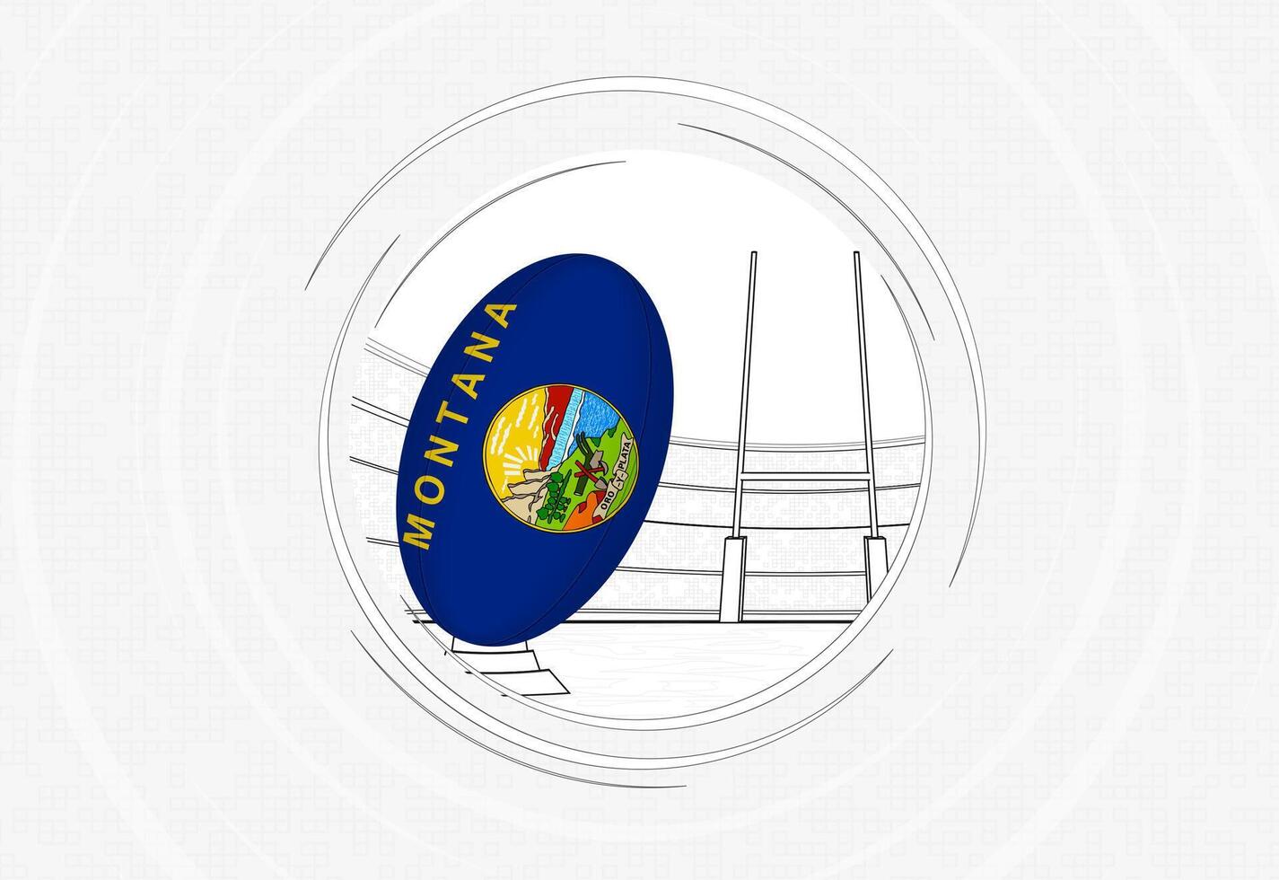 Montana flag on rugby ball, lined circle rugby icon with ball in a crowded stadium. vector