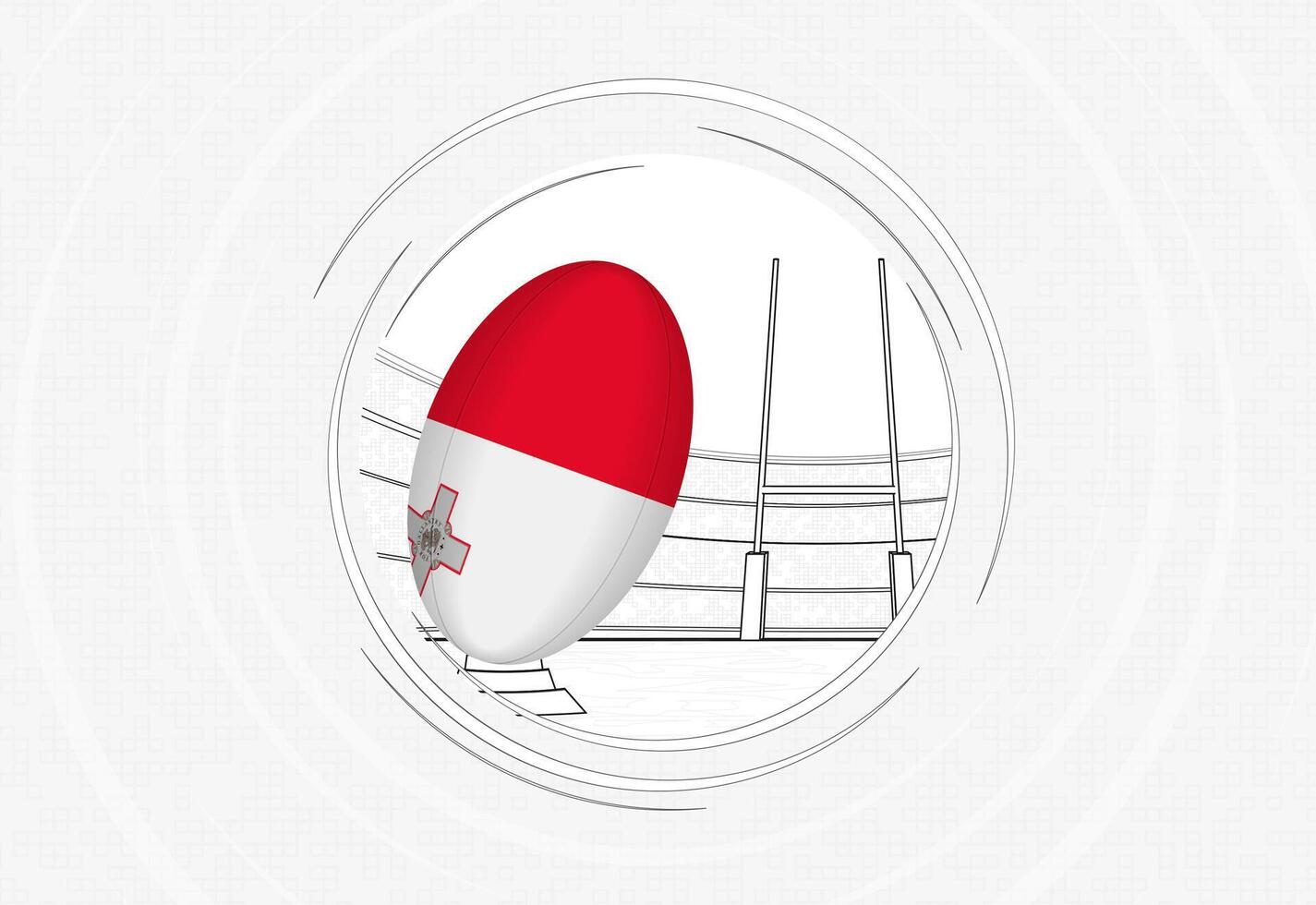 Malta flag on rugby ball, lined circle rugby icon with ball in a crowded stadium. vector