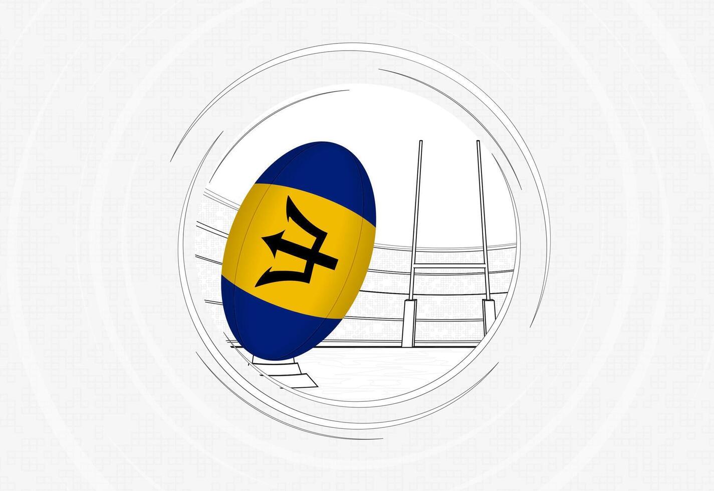 Barbados flag on rugby ball, lined circle rugby icon with ball in a crowded stadium. vector