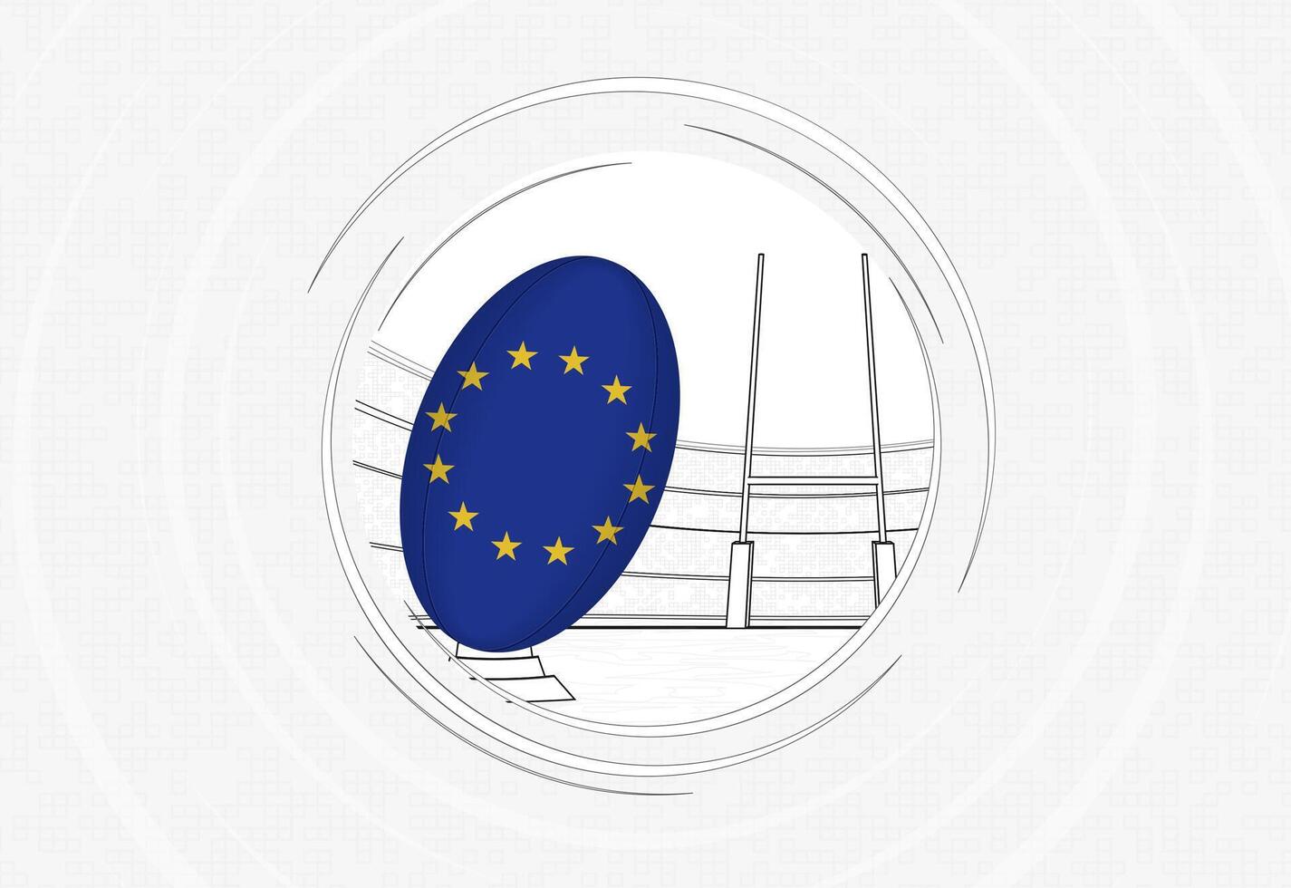 European Union flag on rugby ball, lined circle rugby icon with ball in a crowded stadium. vector