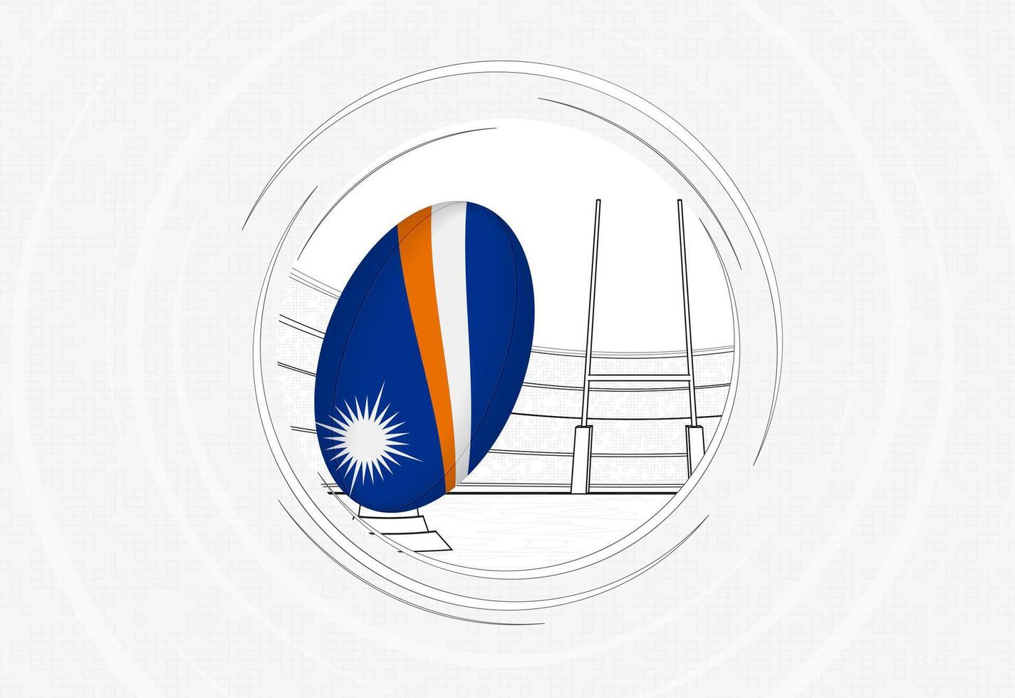 Marshall Islands flag on rugby ball, lined circle rugby icon with ball in a crowded stadium. vector