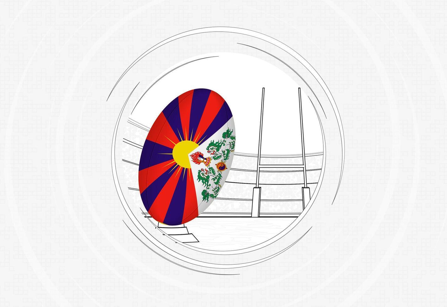 Tibet flag on rugby ball, lined circle rugby icon with ball in a crowded stadium. vector