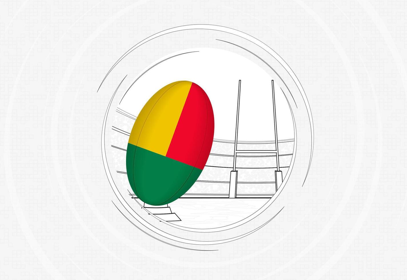 Benin flag on rugby ball, lined circle rugby icon with ball in a crowded stadium. vector