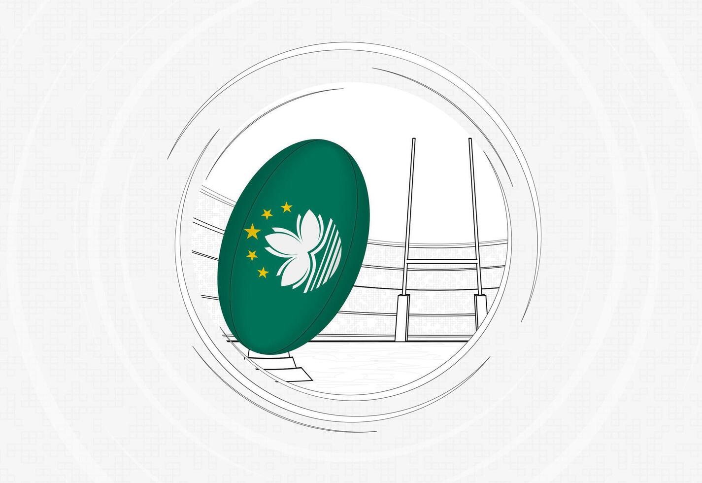Macau flag on rugby ball, lined circle rugby icon with ball in a crowded stadium. vector