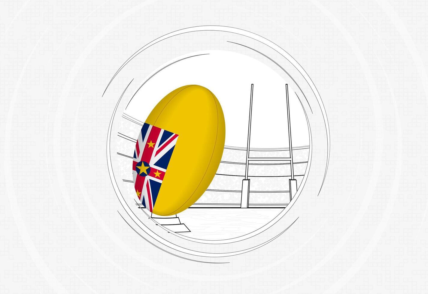 Niue flag on rugby ball, lined circle rugby icon with ball in a crowded stadium. vector