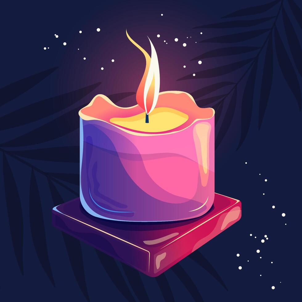 Glowing wax candle with flame in cartoon style. Magic candlelight and purple colors. Decoration for wellness and spa. vector