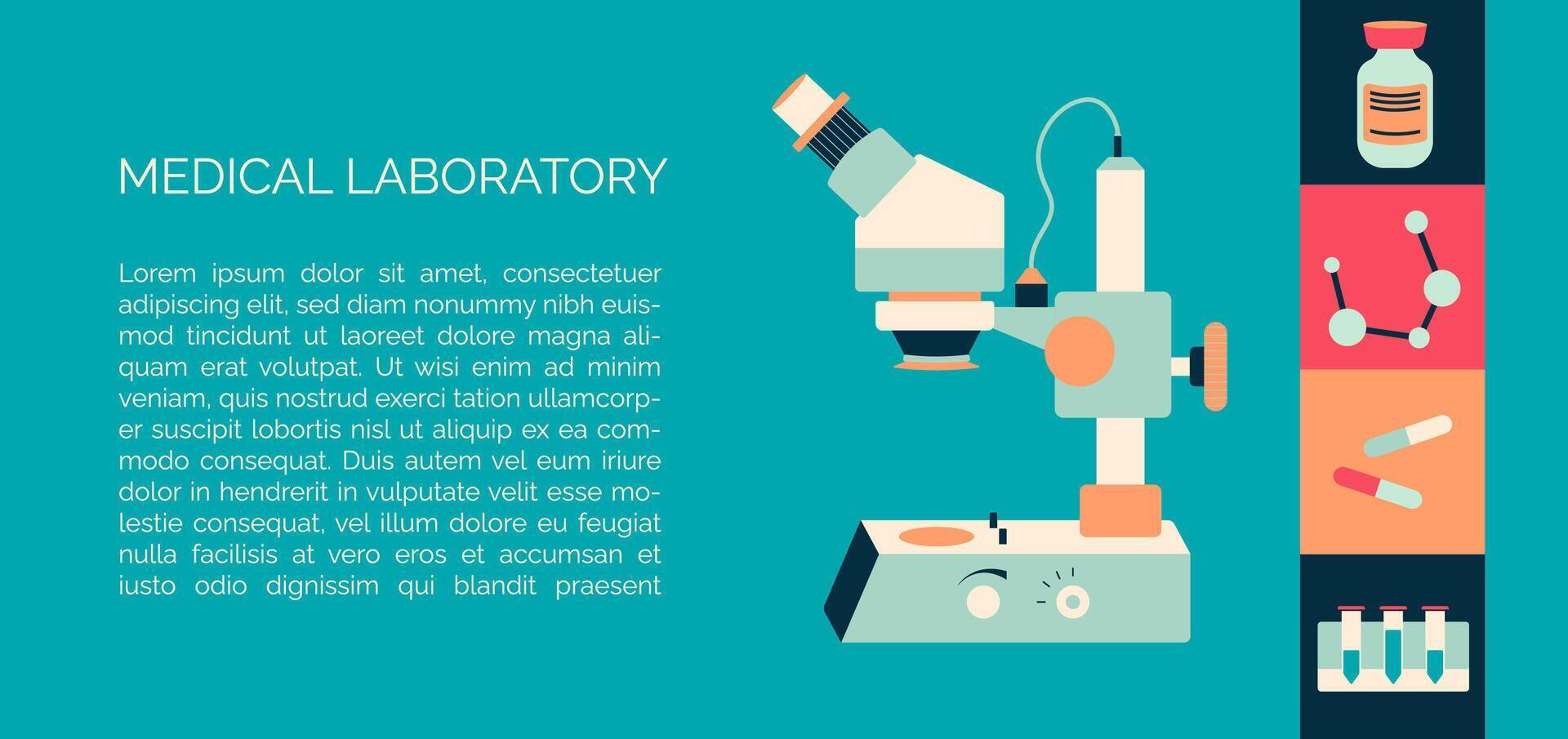 flyer design template of medical laboratory with chemical elements like microscope, pills, flask and other scientific equipment vector