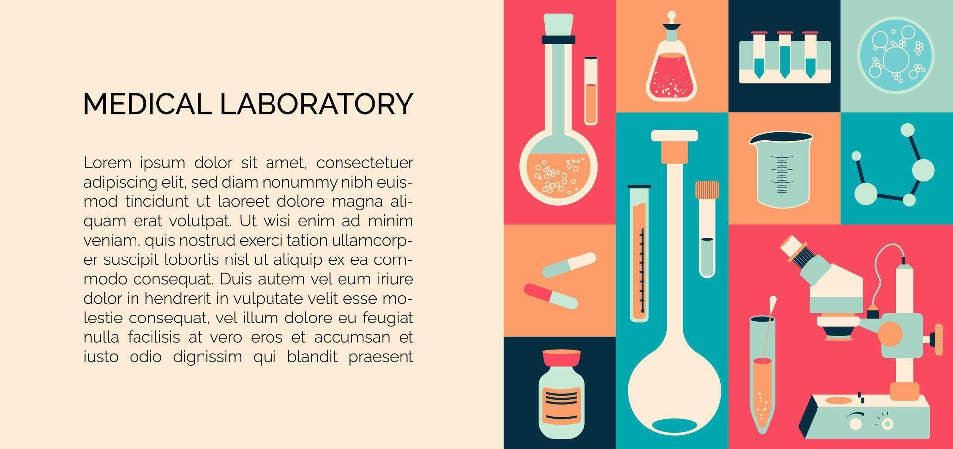 flyer design template of medical laboratory with chemical elements like microscope, pills, flask and other scientific equipment vector