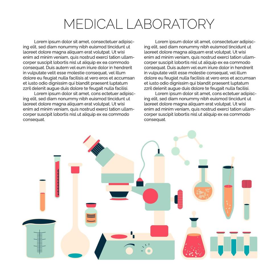 brochure design template of medical laboratory with chemical elements like microscope, pills, flask and other scientific equipment vector