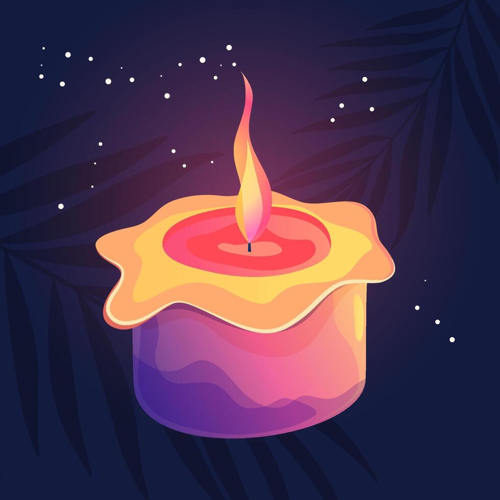 Glowing wax candle with flame in cartoon style. Magic candlelight and purple colors. Decoration for wellness and spa. vector