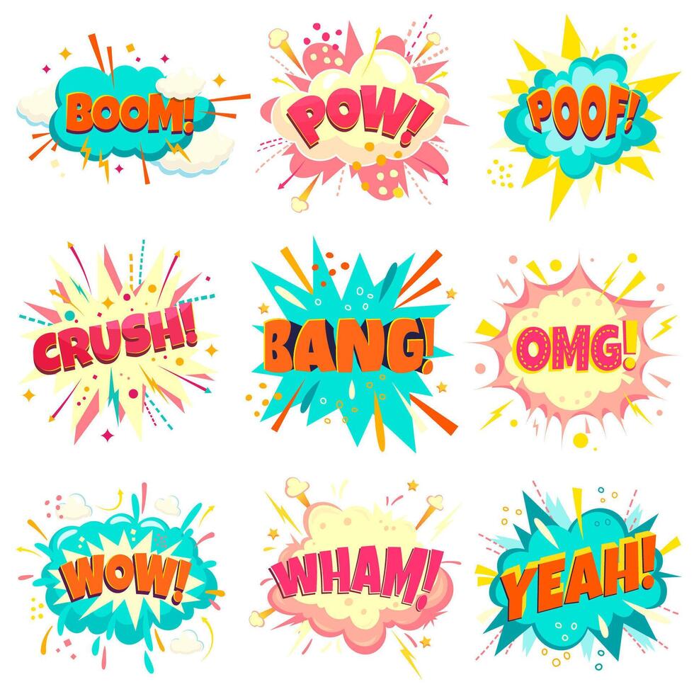 Big set of speech bubbles - pow, boom, poof, crush, bang, omg, wow, wham, yeah. Cartoon explosions isolated on white background. vector