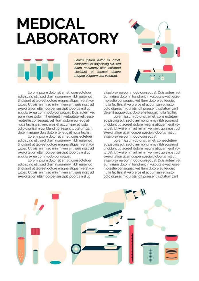 brochure design template of medical laboratory with chemical elements like microscope, pills, flask and other scientific equipment vector