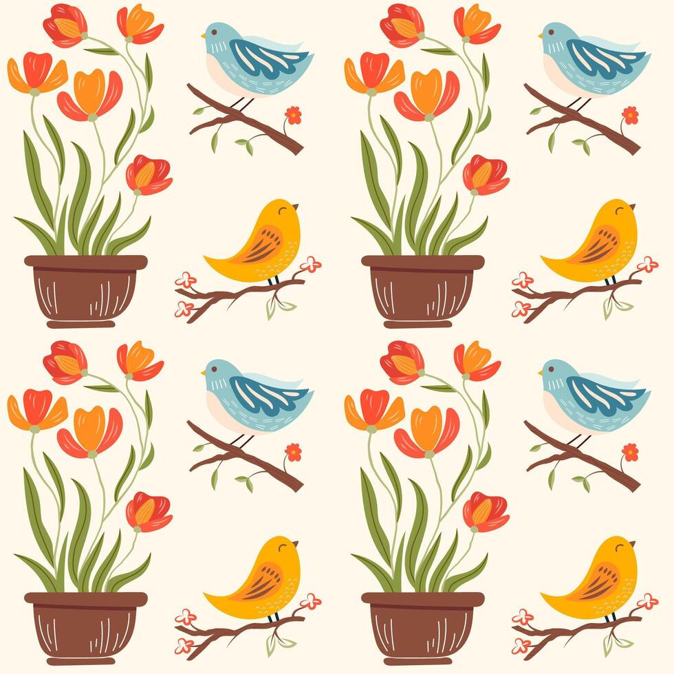 Seamless pattern with spring flowers in a pot and cute bird on brunch. Colorful floral illustration on light yellow background. vector
