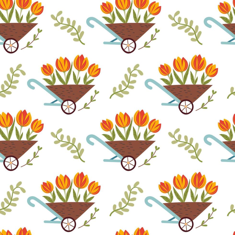 Seamless pattern with spring flowers in garden trolley. Colorful floral illustration on white background. vector